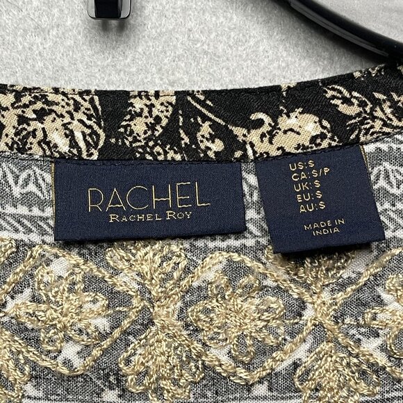 Rachel Roy Womens Boho Blouse Top With Tassels Floral Print Black & Beige S - Picture 4 of 7
